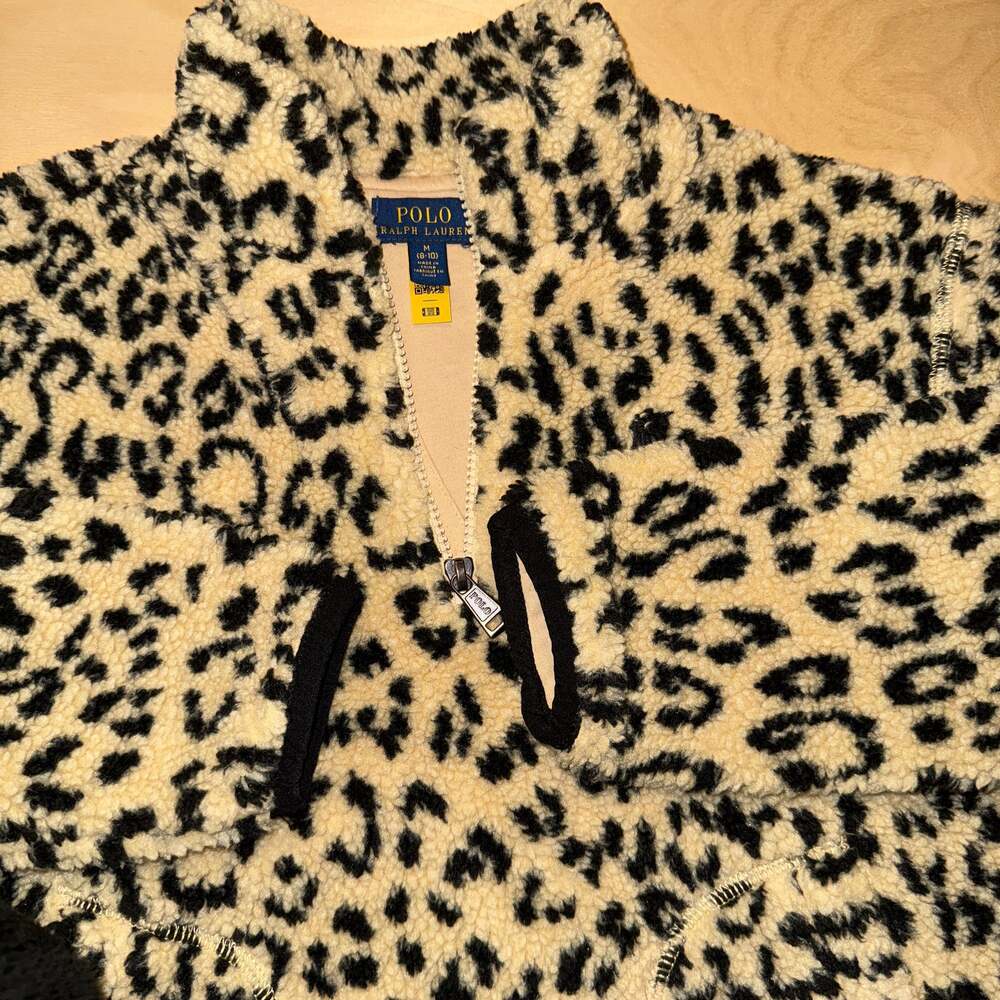 Polo Ralph Lauren Girls Ocelot Leopard Print High-Pile Faux Sherpa 1/4 Zip Pullo